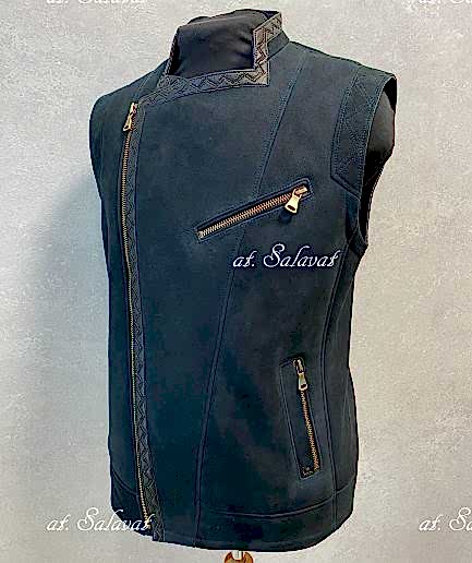 Бишмет из бархата (зеленый) Жилет мужской из итальянской дубленки с косой застежкой