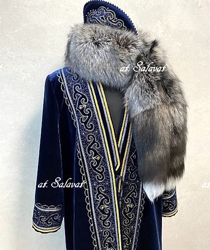 Башкирский национальный костюм (Елян) из сукна №1 Елян (Национальный халат) из бархата в синем цвете №43